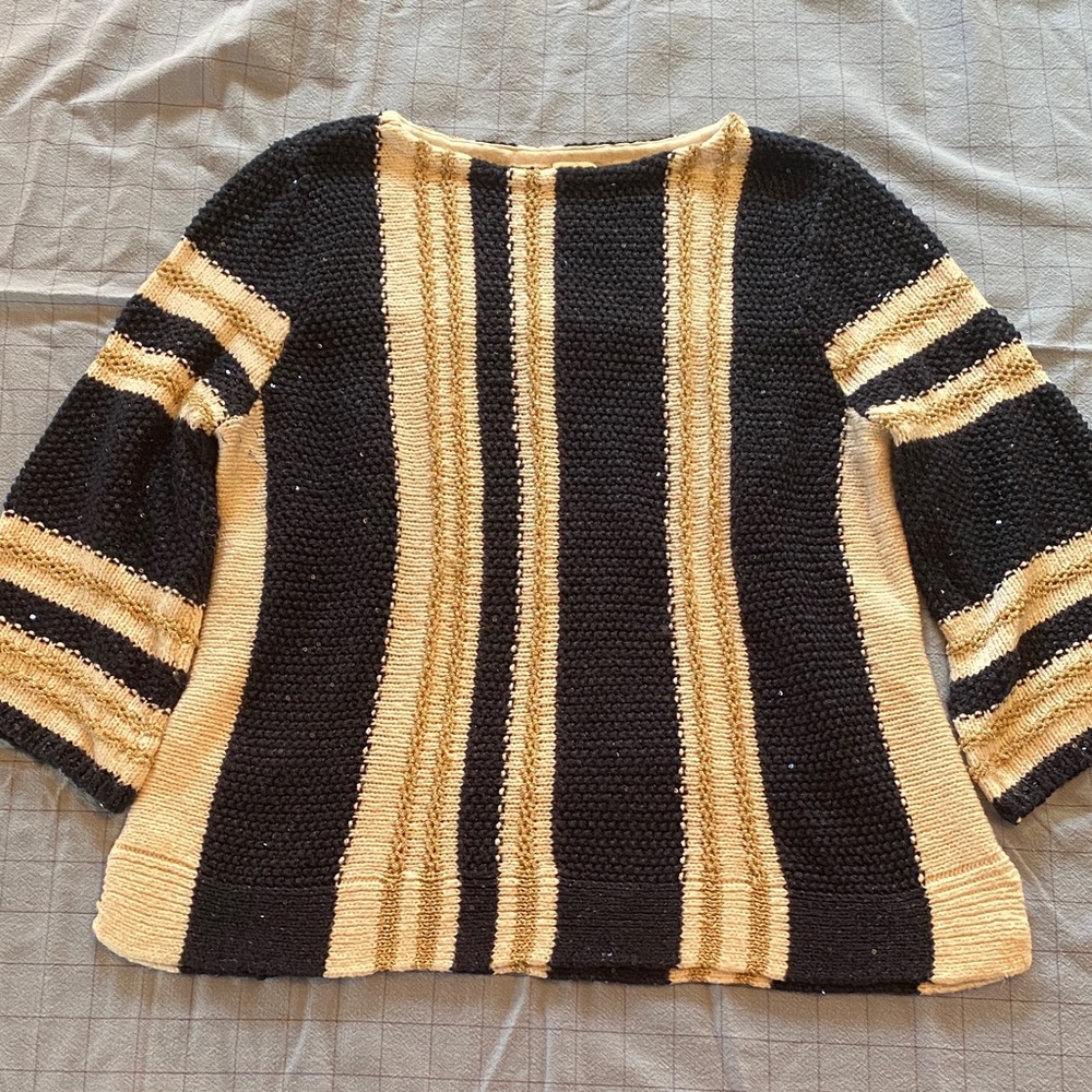 Chico’s Striped Navy, Cream and Gold Knit Women's Sweater
